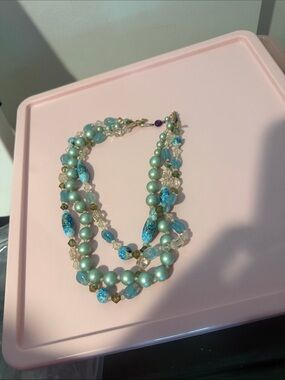 Multi-Strand Aqua Pearl and Bead Necklace - Unbranded